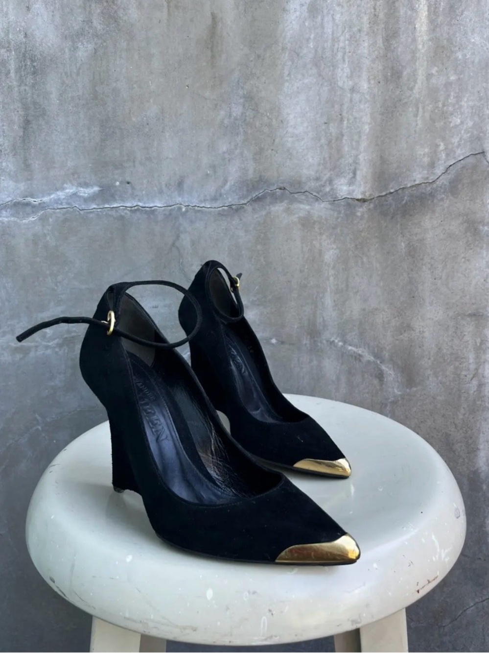 Alexander McQueen Black Suede Ankle-Strap Heels with Gold Toe Caps